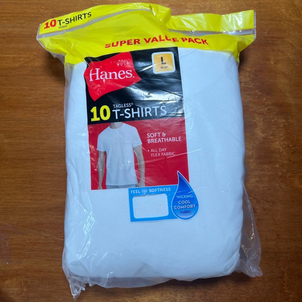 Hanes T-Shirts Mens L White 10 Pack Tagless Crew Neck Cotton Undershirts 2135Z0